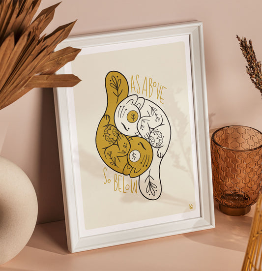 Plakat Równowaga - Luiza Kwiatkowska - Artystyczny plakat na ekologicznym papierze z motywem równowagi yin-yang w złoto-białej kolorystyce. - classic, plakat, print