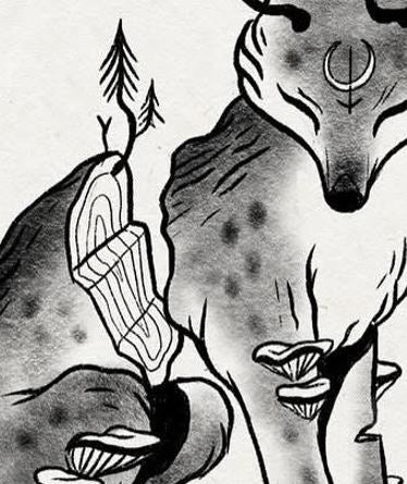 Plakat Las - Luiza Kwiatkowska - Artystyczny plakat lasu na organicznym papierze eco, czarno-biała ilustracja renifera z grzybami. - plakat, print