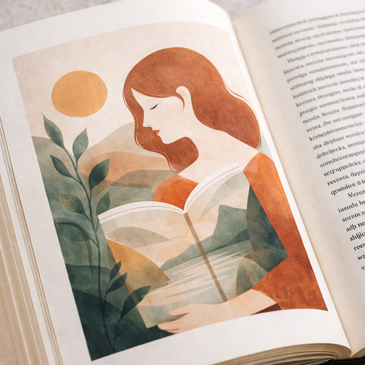 Ilustracja książkowa przedstawiająca symboliczną, spokojną kompozycję graficzną współgrającą z narracją tekstu w publikacji.