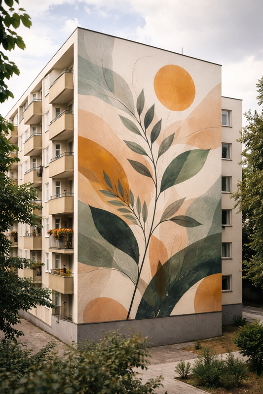 Artystyczny mural na elewacji bloku mieszkalnego, graficzna roślinna kompozycja w stonowanych kolorach, zaprojektowana jako nowoczesna sztuka w przestrzeni publicznej.
