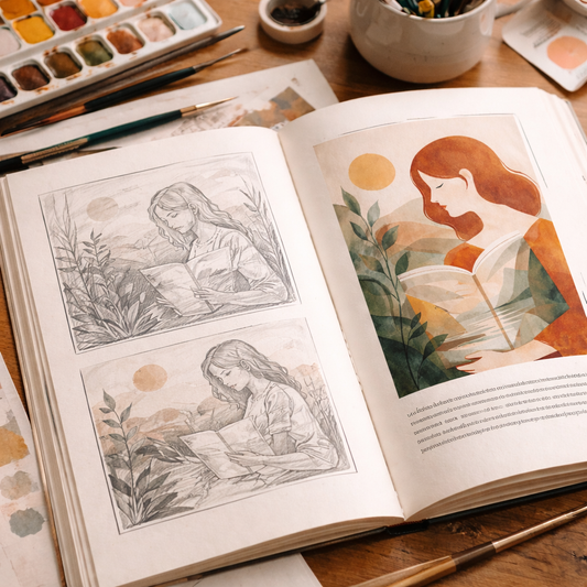 Proces tworzenia ilustracji książkowej widoczny na otwartej książce - szkice ołówkowe obok gotowej, kolorowej ilustracji, leżące na biurku z narzędziami ilustratorskimi.