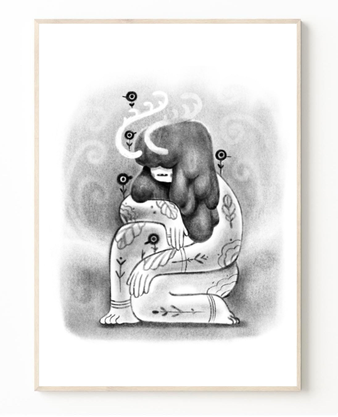 Plakat Gaja - Luiza Kwiatkowska - Artystyczny plakat Gaja na eko papierze, czarno-biała grafika kobiety i słonia, organiczny design. - classic, plakat, print