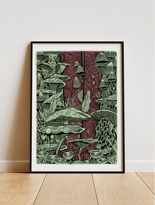 Plakat Grzyby - Luiza Kwiatkowska - Artystyczny plakat grzyby na ekologicznym papierze organicznym, detale grzybów w zieleni i bordo, minimalistyczny styl. - plakat, print