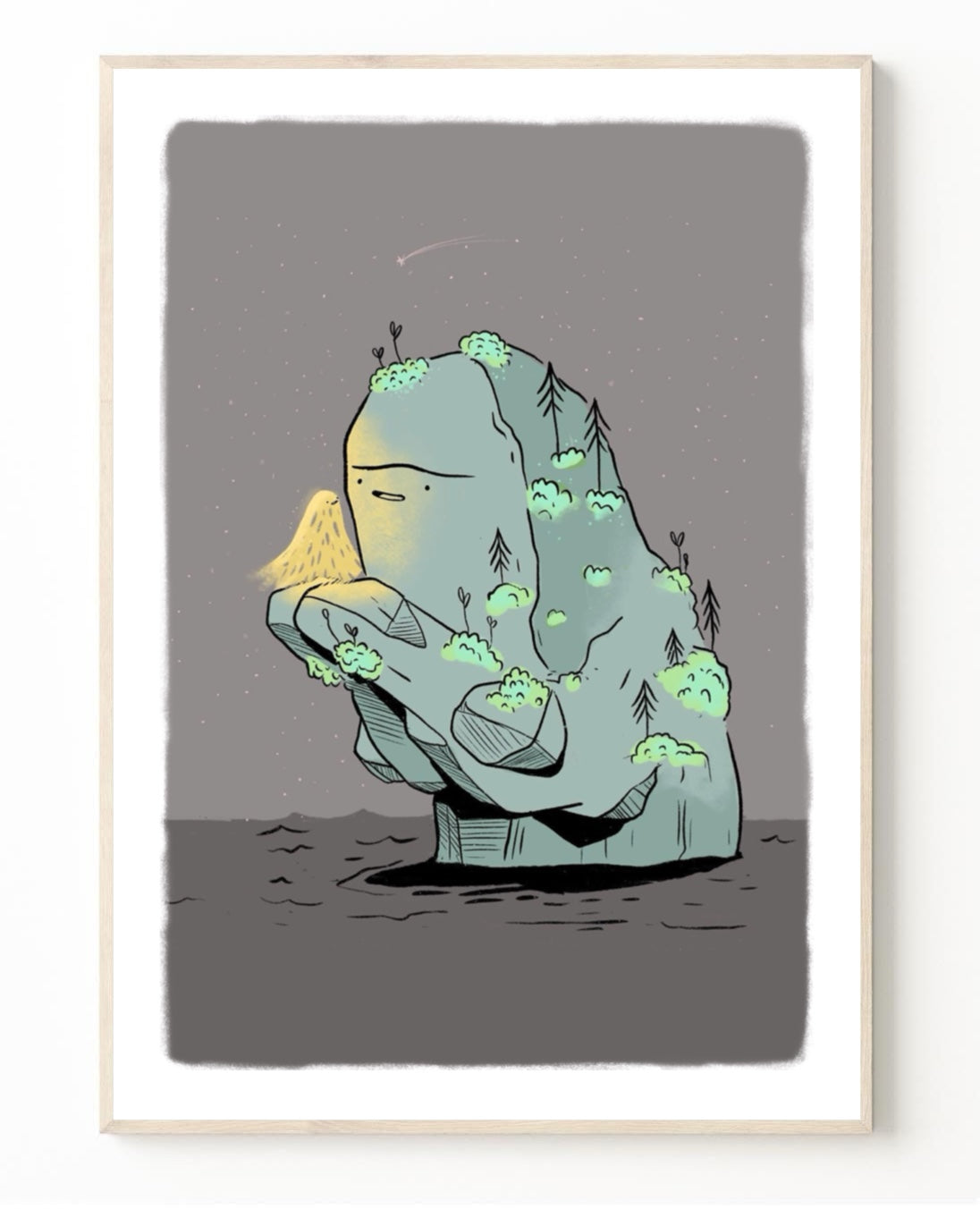 Plakat Miłość - Luiza Kwiatkowska - Artystyczny plakat na ekologicznym papierze z ilustracją organicznej, kamiennej formy z jasnymi mlodzikami. - plakat, print