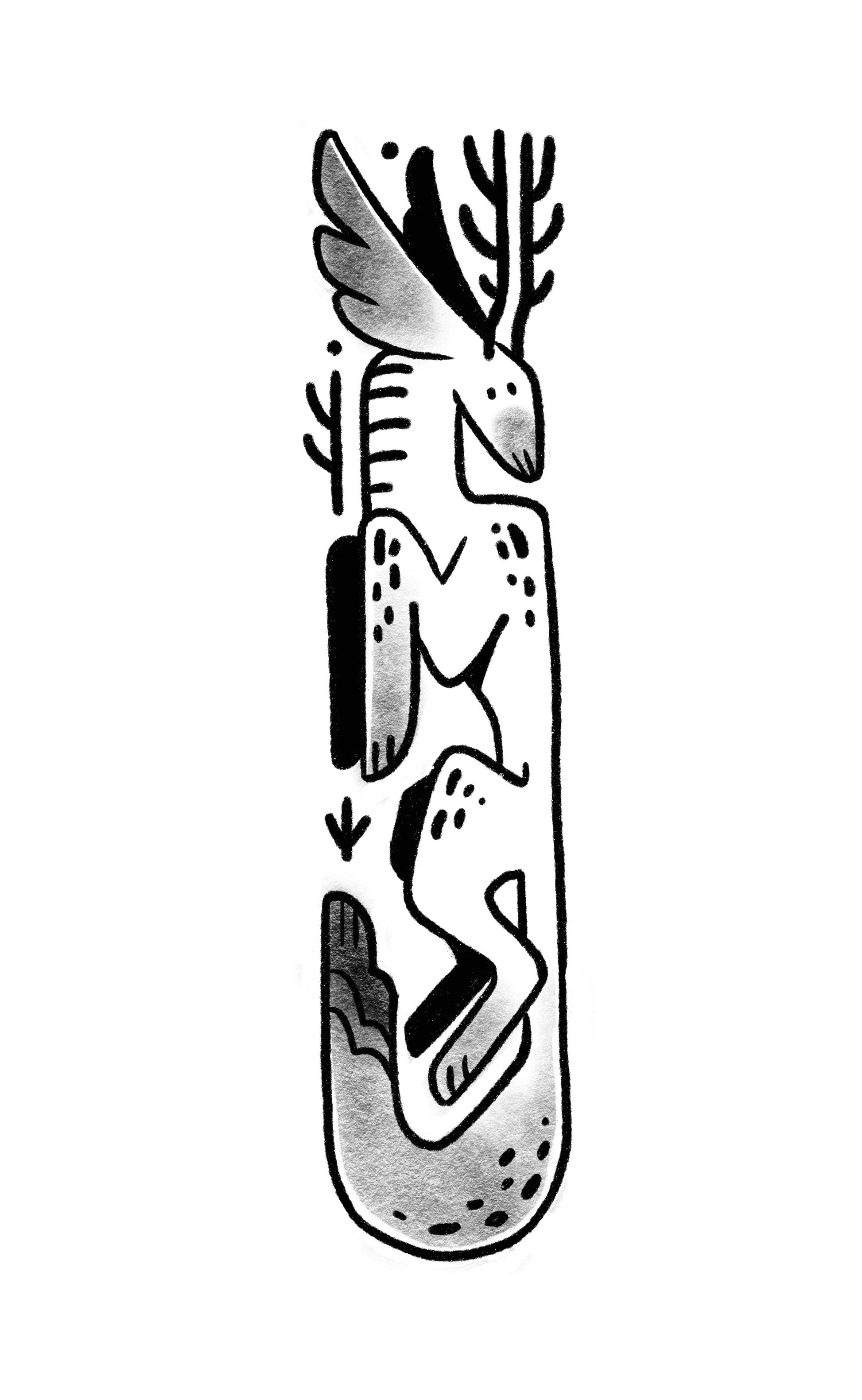 Totemowy Lisek 2 - Luiza Kwiatkowska - Artystyczny plakat Totemowy Lisek 2 na ekologicznym papierze organicznym, czarno-biały, minimalistyczny design. - digital, totem