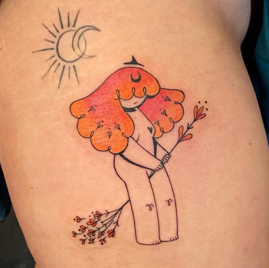 Mały Wzór (do 12 cm) - Luiza Kwiatkowska - Artystyczny tatuaż kobiety z pomarańczowymi włosami trzymającej kwiaty, ekologiczny styl organiczny, delikatny design. - tattoo