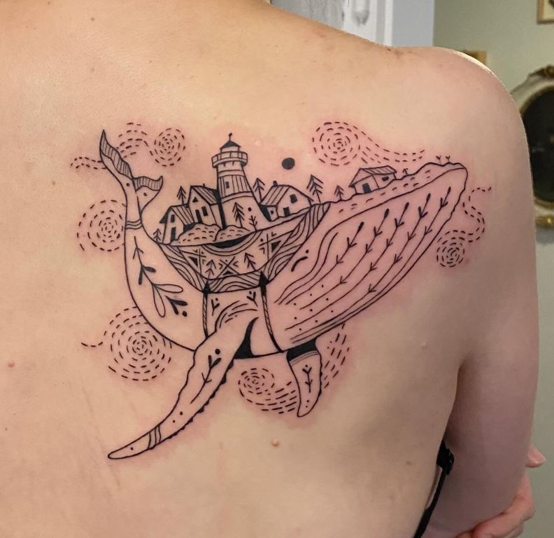 Duży Wzór (do 30cm) - Luiza Kwiatkowska - Czarny, artystyczny tatuaż wieloryba z latarnią i domami, organiczny wzór, linie precyzyjne, minimalistyczny styl. - tattoo