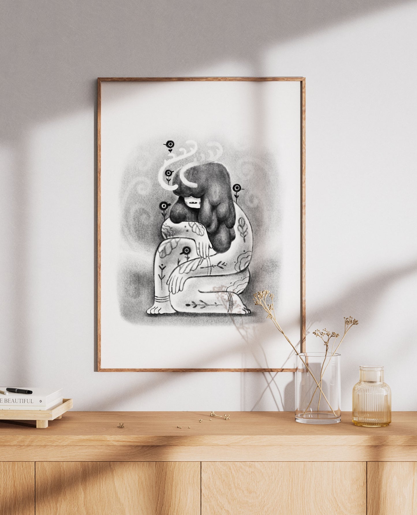 Plakat Gaja - Luiza Kwiatkowska - Artystyczny plakat Gaja na ekologicznym papierze, czarno-biała organiczna ilustracja w drewnianej ramie. - classic, plakat, print