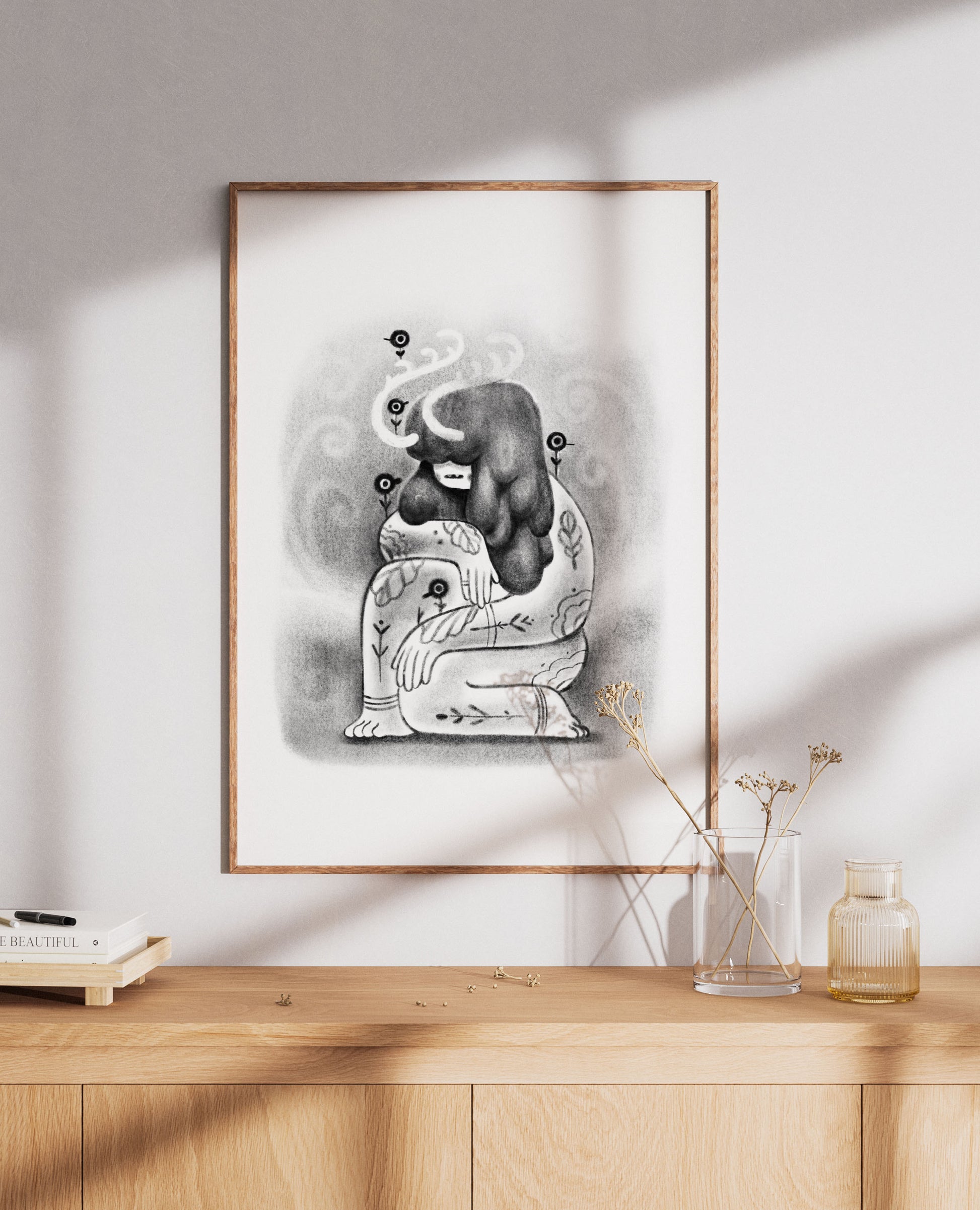 Plakat Gaja - Luiza Kwiatkowska - Artystyczny plakat Gaja na ekologicznym papierze, czarno-biała organiczna ilustracja w drewnianej ramie. - classic, plakat, print