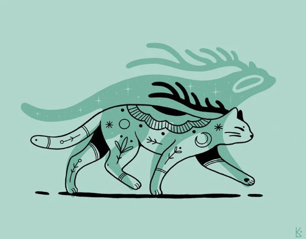 Plakat Kot - Luiza Kwiatkowska - Artystyczny plakat kota z czarnymi i zielonymi wzorami na miętowym tle, papier ekologiczny organiczny. - plakat, print