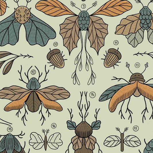 Plakat Liściowce (jasny) - Luiza Kwiatkowska - Artystyczny plakat liściowce na organicznym eko papierze, stylizowane owady w jasnej kolorystyce, minimalistyczny design. - plakat, print