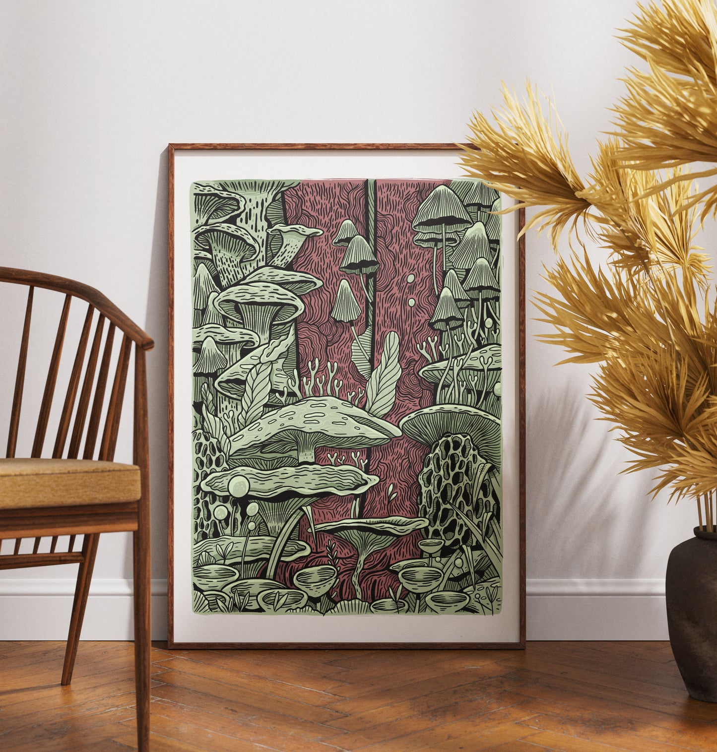 Plakat Grzyby - Luiza Kwiatkowska - Artystyczny plakat Grzyby na ekologicznym papierze, szczegółowe zielone grzyby na bordowym tle, A3. - plakat, print