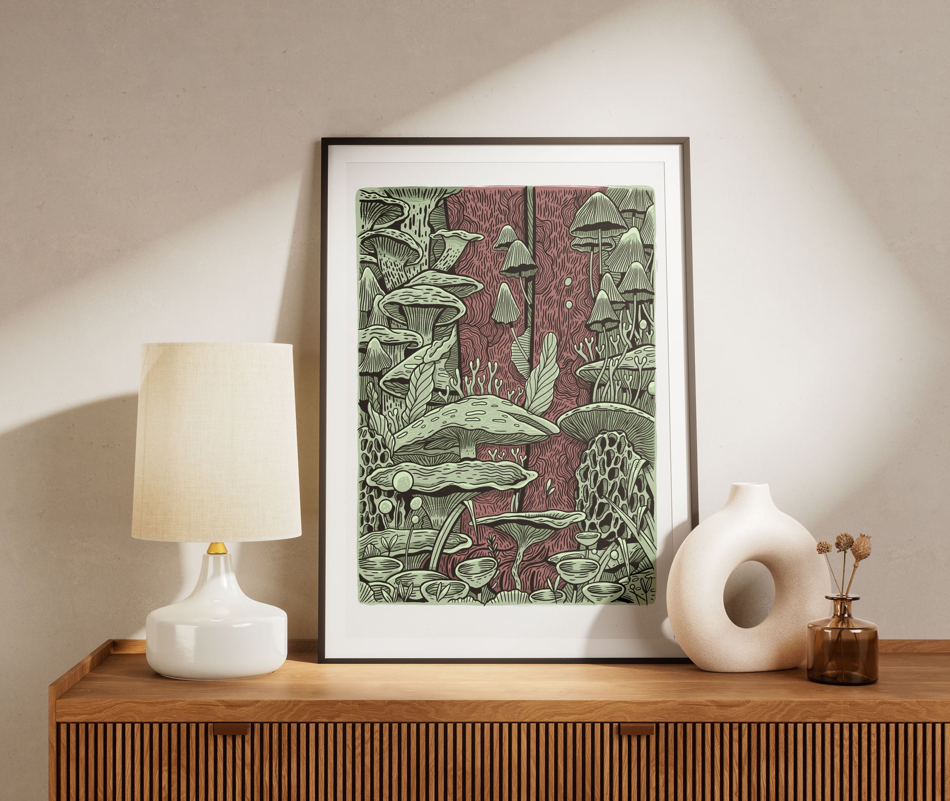 Plakat Grzyby - Luiza Kwiatkowska - Artystyczny plakat grzyby na ekologicznym papierze, naturalne kolory, minimalistyczna rama, styl artysty. - plakat, print