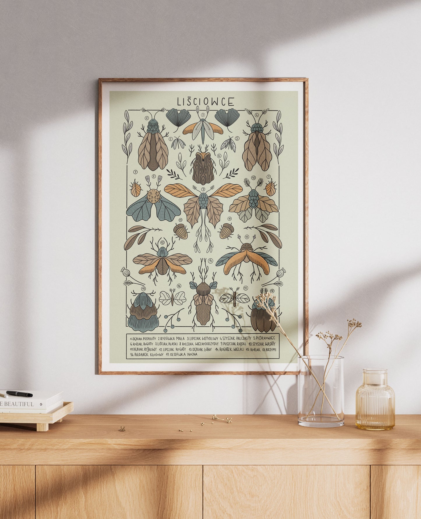 Plakat Liściowce (jasny) - Luiza Kwiatkowska - Artystyczny plakat liściowców na organicznym, ekologicznym papierze, delikatne naturalne barwy, styl vintage. - plakat, print