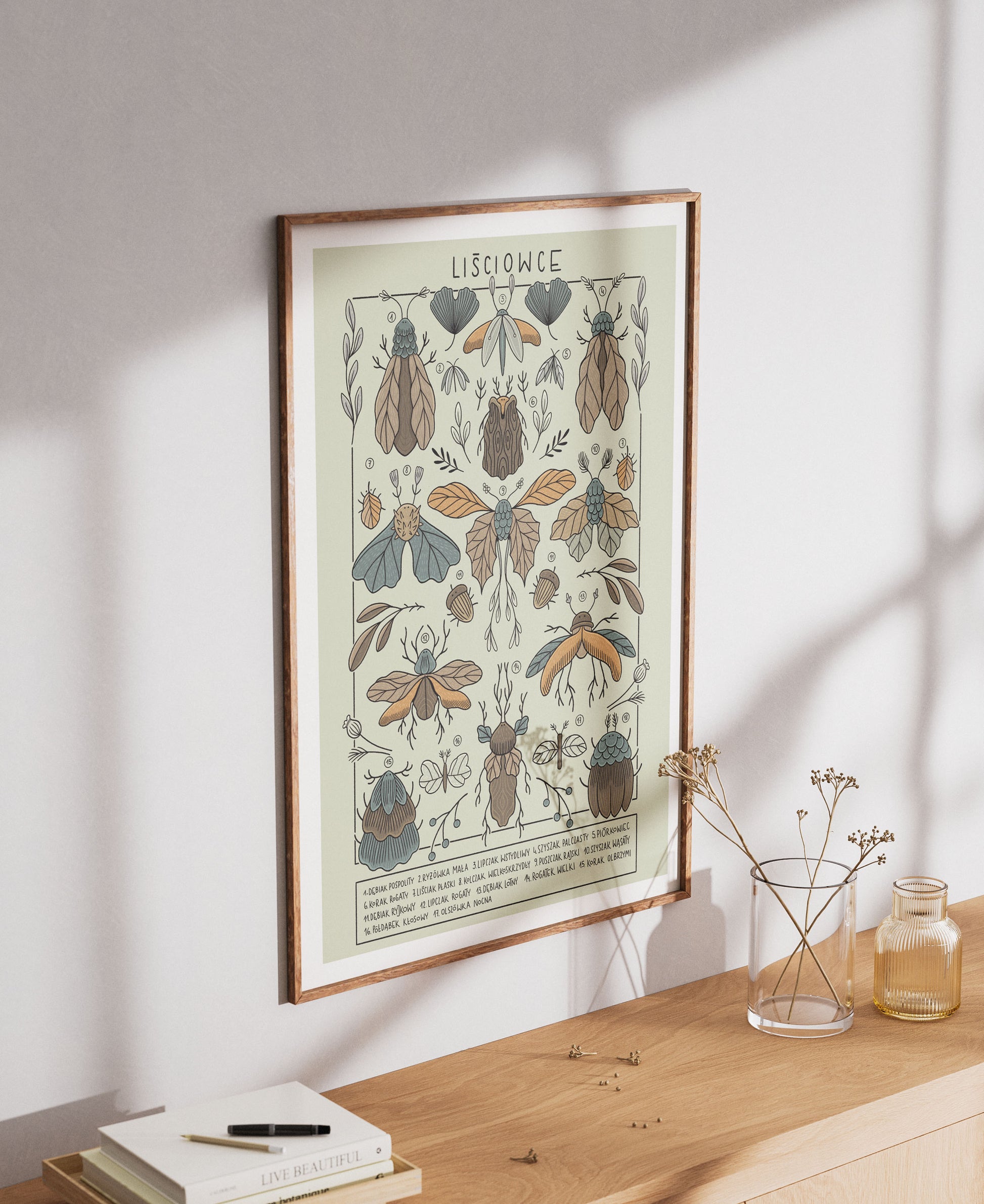 Plakat Liściowce (jasny) - Luiza Kwiatkowska - Artystyczny plakat liściowce na jasnym, organicznym papierze eco, ramka drewniana, naturalne barwy. - plakat, print