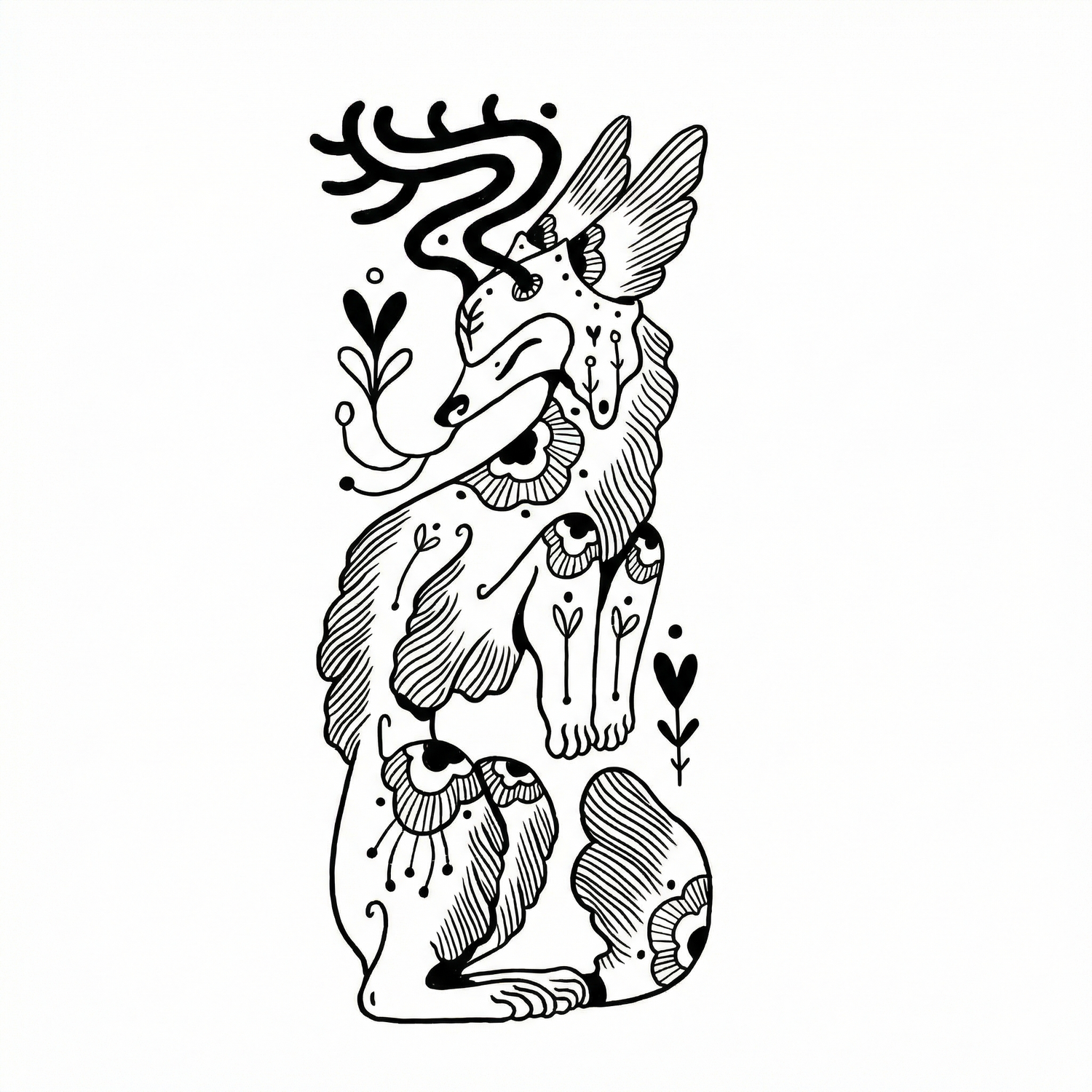 Totemowy Lisek 5 - Luiza Kwiatkowska - Czarnobiały rysunek lisa z elementami roślinnymi na organicznym papierze eco, artystyczny plakat cyfrowy. - digital, totem